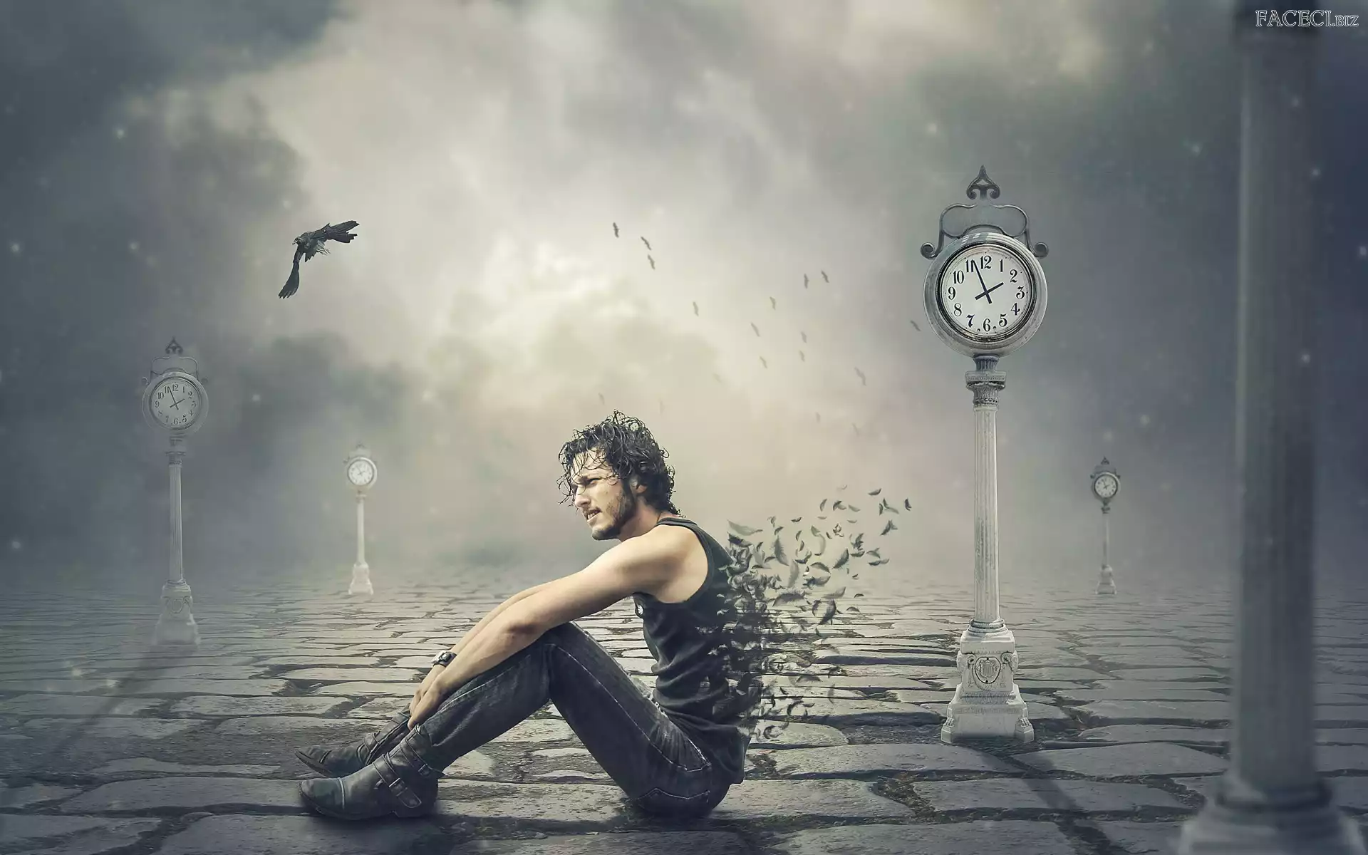 Fantasy, Zegary, Piórka, Mężczyzna, Ptaki